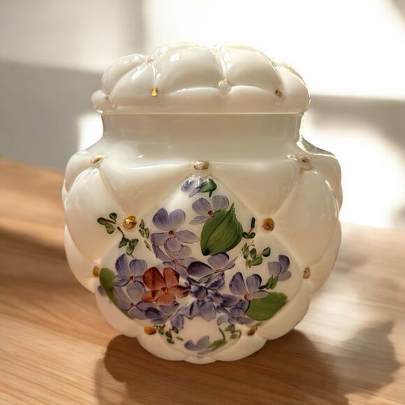 Consolidated Glass Con Cora Milk White Quilted Tufted Biscuit Cookie Jar Violets - Picture 1 of 7